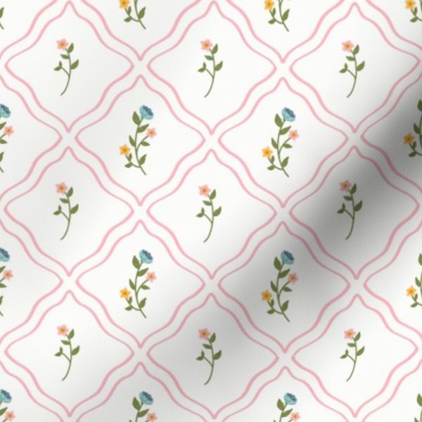 pink and green Minimalist Wildflower Trellis Diamond Tiles on white - small