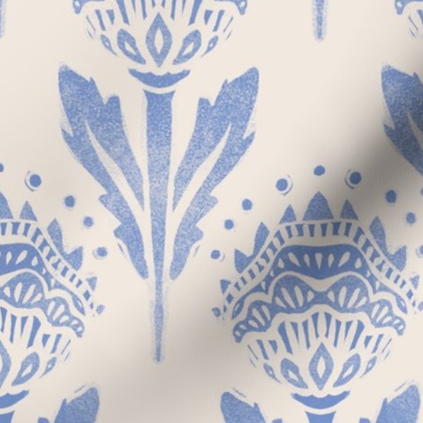 (medium scale) dense block print floral Cornflower Blue warm white beige
