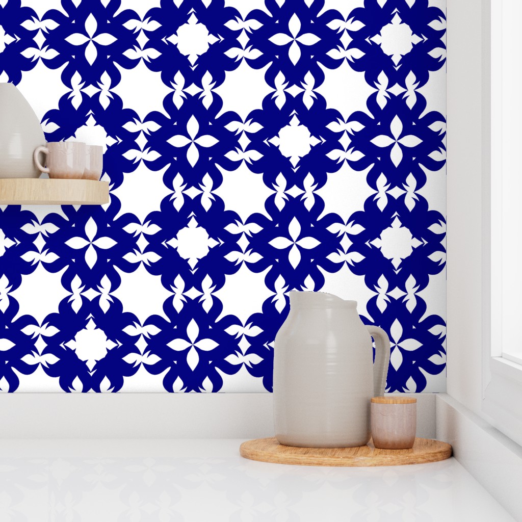 Corner of a kitchen counter with a window and shelf showing Peel and Stick wallpaper on the walls