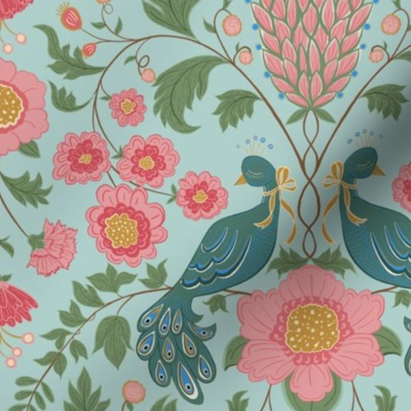Peacock Garden Timeless Floral Heritage Revival Pink Teal Sky Blue Green M