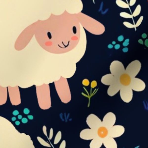 Large Cute Sheep with Colorful Flowers Dark Blue Seamless Pattern