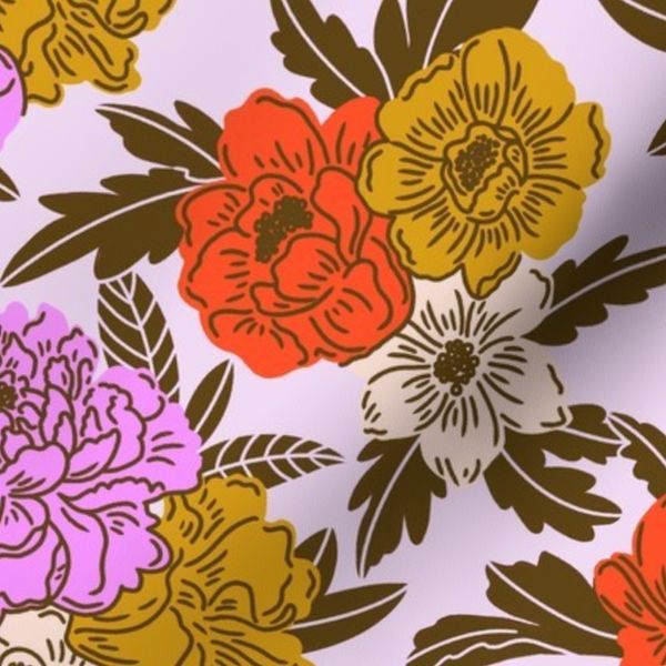 Spring Blooms - Peony Anemone Pansies - Retro Pink Yellow Peach Purple