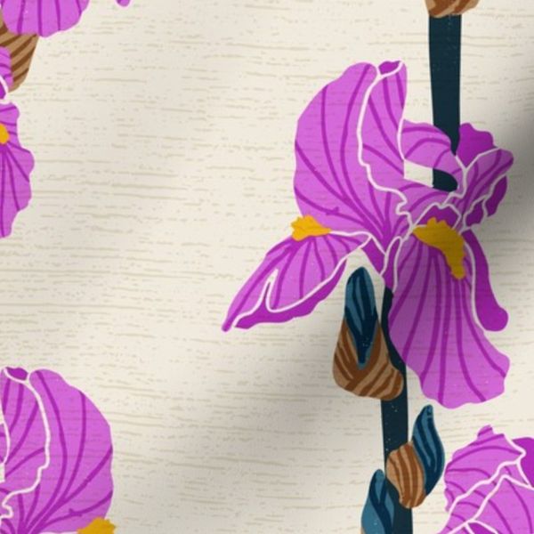 Iris Flower Stripe Botanical Block Print - Vibrant Magenta & Beige