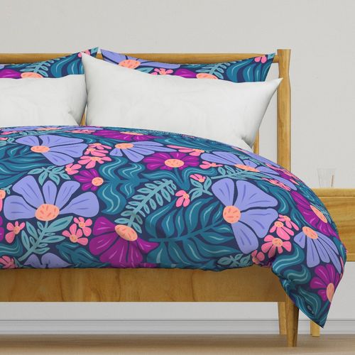 Bold Flowing Floral - Bright Teal and Dark Orchid - Jumbo Scale