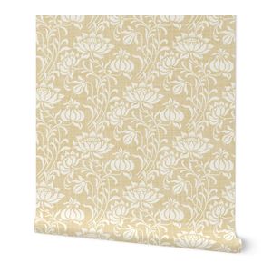 Vintage Floral Linen Texture Ochre Yellow Cream Large Scale