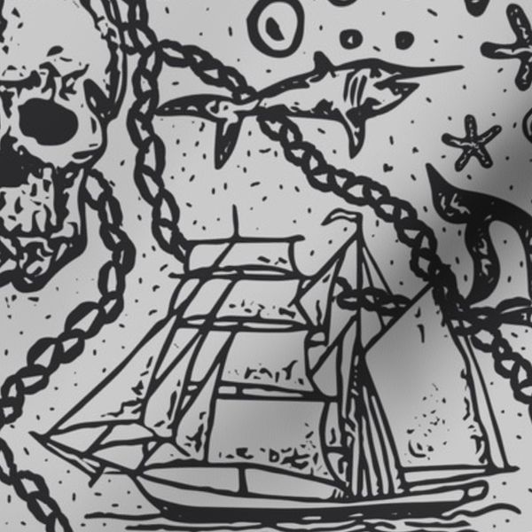 Large Treasure Map Nautical Mermaids Ink - Deep Charcoal On Deep Ash Gray
