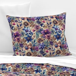 Foliage Flowers Worn Effect Purple Blue Beige