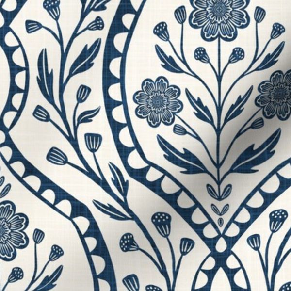 Large XL Navy Blue Wildflower Damask Block Print Botanical Vintage