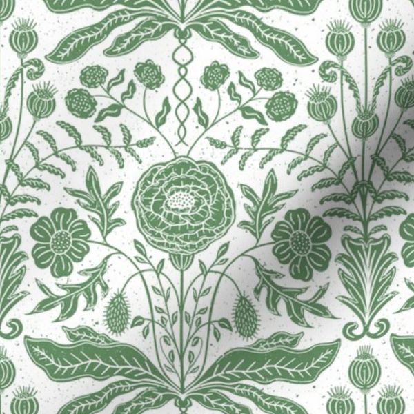 Whimsical Floral Meadow Block Print Kelly Green and White Textured Medium