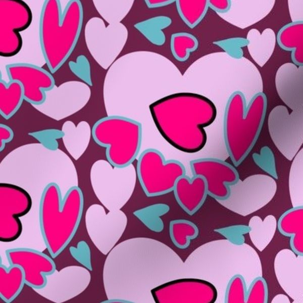 S) Vibrant Pink Heart Pattern with Teal Accents on Plum Maximalist