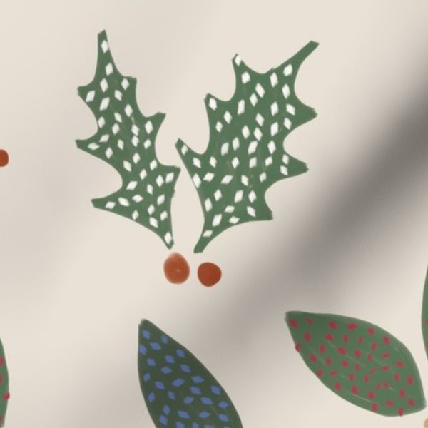 christmas holly green red white festive decor ecru beige off white