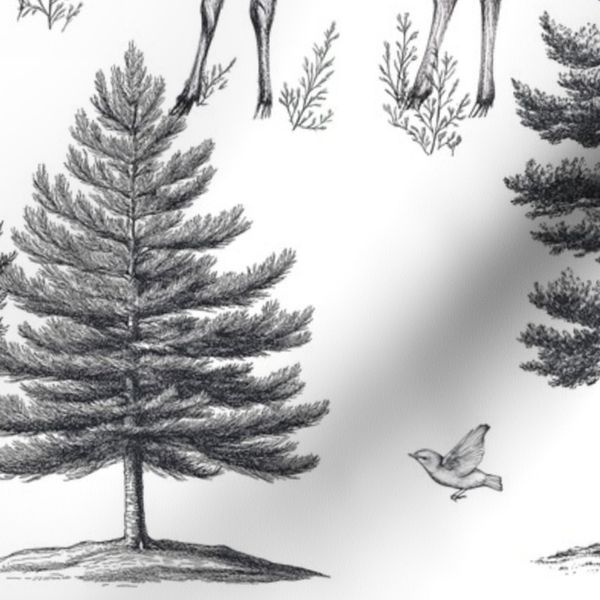 Toile Deer Forest Fabric - Black and White Woodland Vintage Pattern