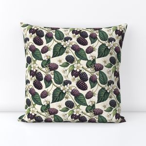 Lush Ripe Mulberries with Green Leaves and White Blossoms on Cream Backgrou