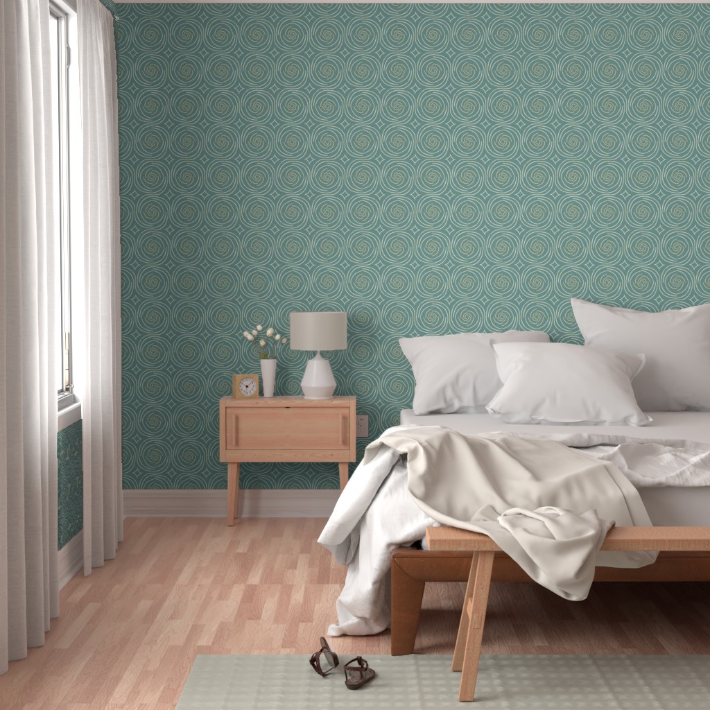 Bedroom with a bright window, bed and wood furniture with Peel and Stick wallpaper on the walls