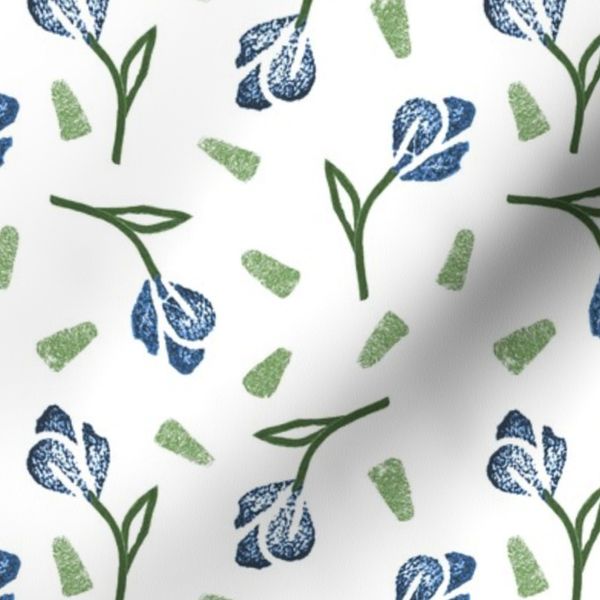 Medium Aegean Blue Scattered Block Printed Buds On White