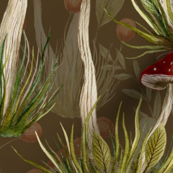 Heritage Mushrooms Botanical Drawing - Dark Tan Toadstool Motif Background