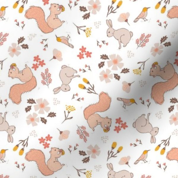 Country animals rabbit squirrel and bird among flowers for kids and babies.