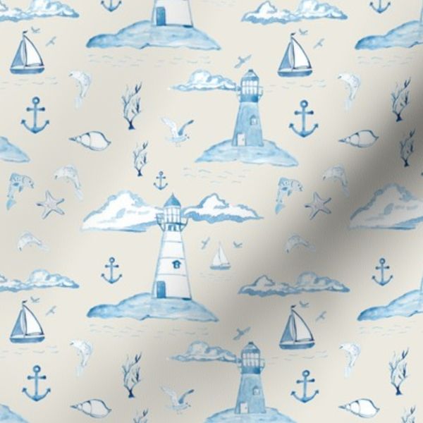 Nautical Toile De Jouy Blue Lighthouse Sailing Boat Anchor on Cream XS