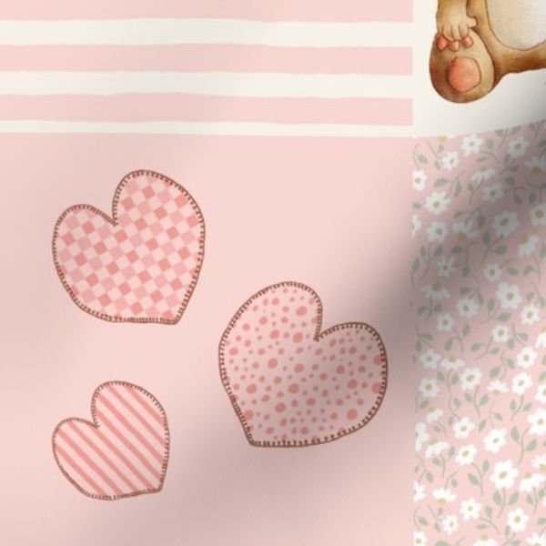 Cute Teddy Bear Patchwork Cheater Quilt 6 Inch Panels Preppy Girly Pink