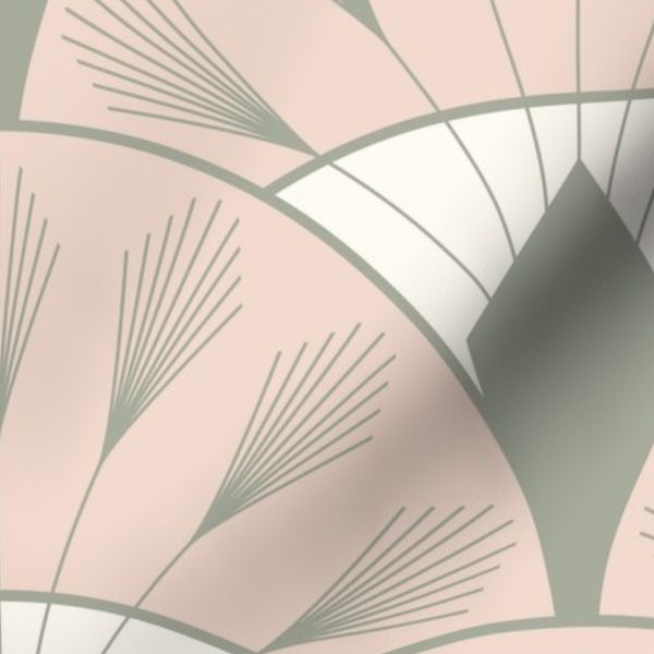 Large Art Deco Scallop Fan Palm Trees - Sage Green on Dusty Peach Pink