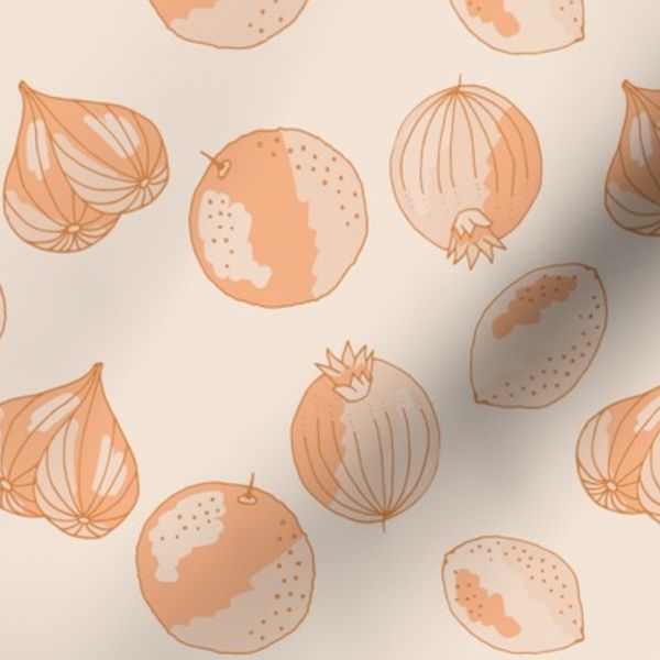Small tossed hand drawn fruit in peach