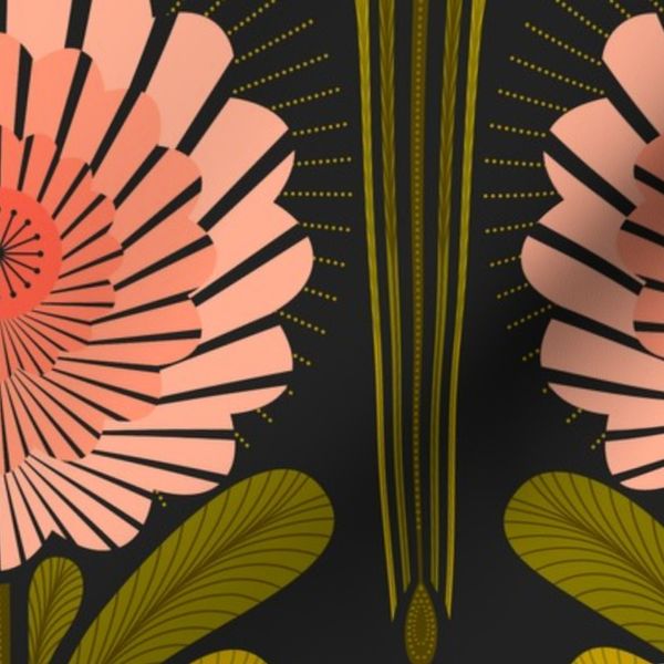 Art Deco Flowers - Green & Pink - Dark vs - Large