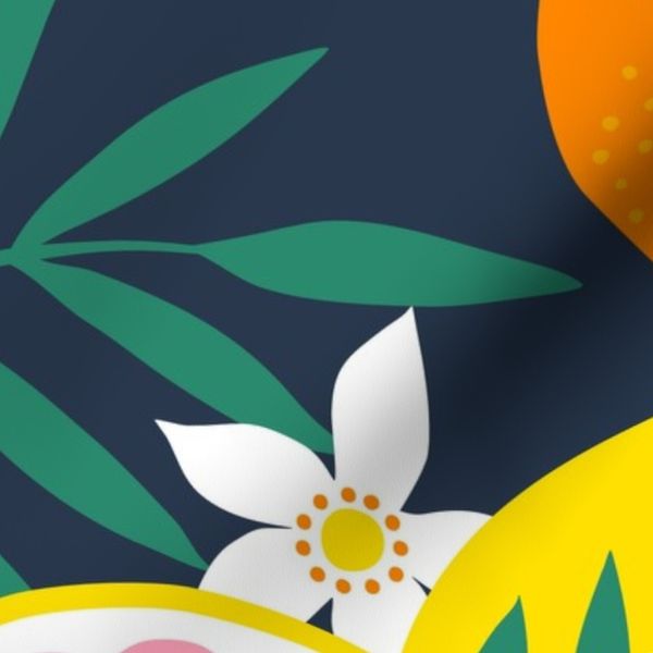 Tropical Citrus Fruits - brights on navy - jumbo large scale Cecca Designs