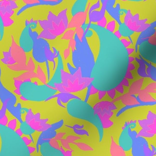 Modern Paisley Floral Overlay - Seamless Repeat Pattern - Mint yellow