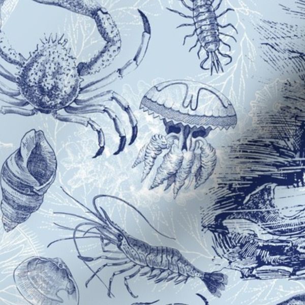 Underwater Sea Life with Fishes and Octopus Nautical Pattern - Blue Tones