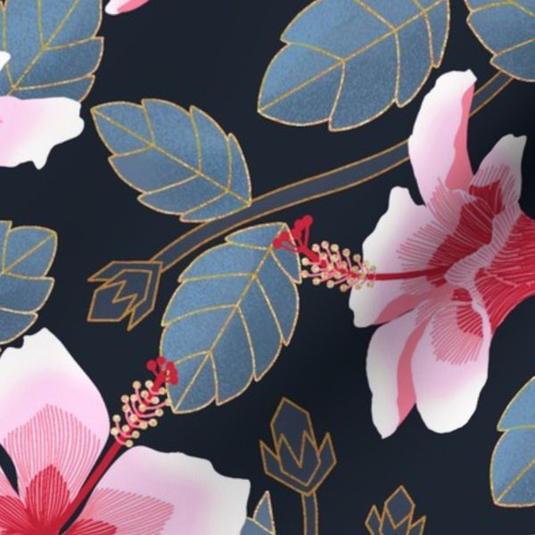 Hibiscus Art Deco - Cool Tones - Medium Scale