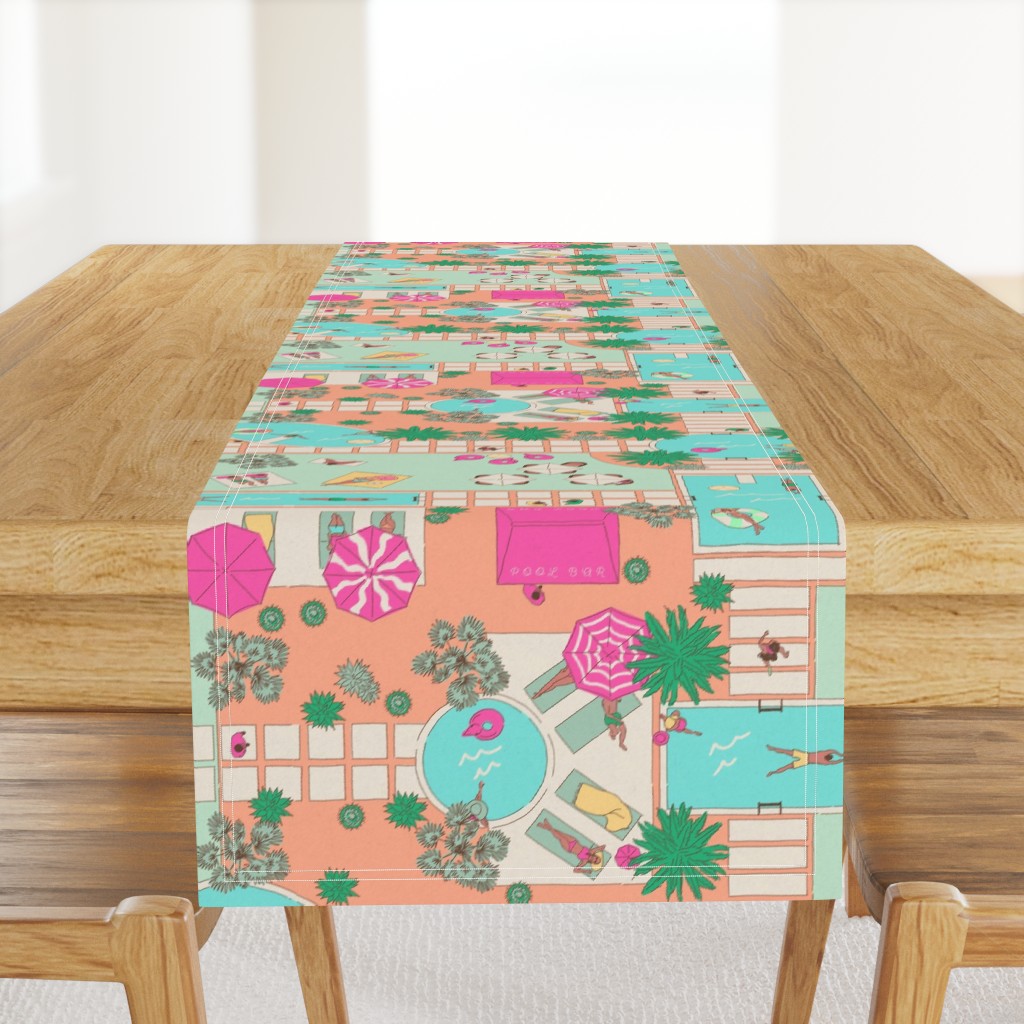 A light wood table with a Table Runner hanging off the front edge