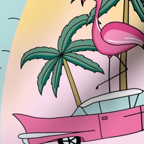 Palm Springs Pink Paradise - flamingo palms retro car pool yellow sunset