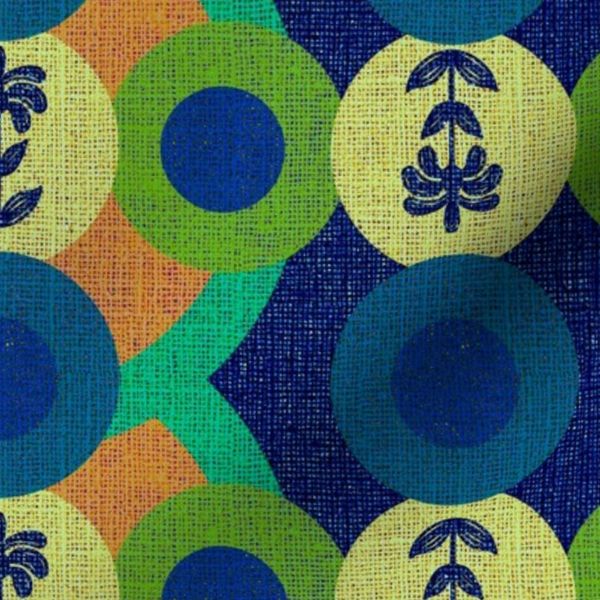 L interlocking circles spots geometric block print flower green blue burlap