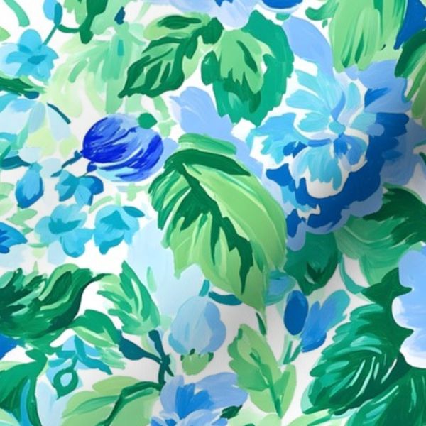 Peony toile in bright blue and green