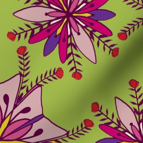Folk Art Hexagon 1404 - Green Purple Floral