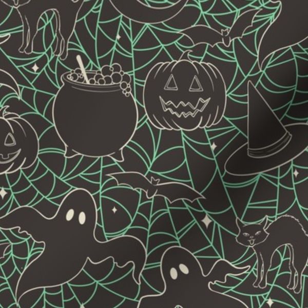 Spooky Retro Halloween Ghost Pumpkin Black Cat - Grey Green White