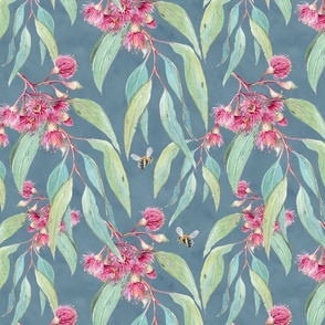 Pink Gum Blossoms and Bees on dusky blue - Medium scale - Australian garden
