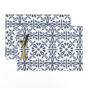 Scandi Folk Art Symmetrical Cottagecore Faux Tiles - Dark Navy Blue White