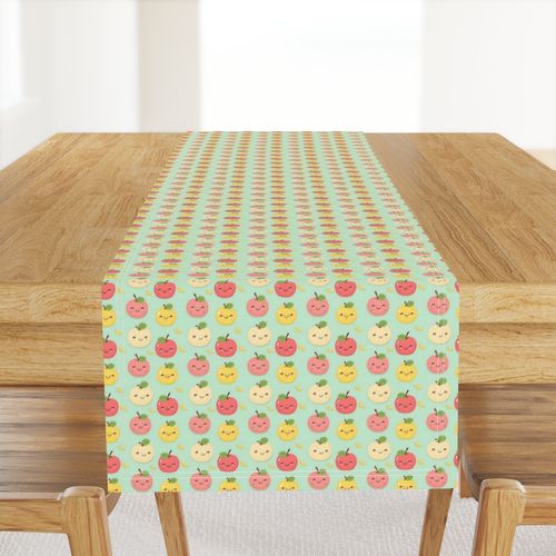 Cute cheerful apples Kawaii fruit style kitchen decoration green background