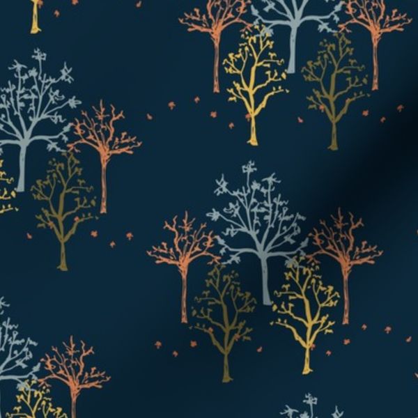 Hand Painted Fall Trees in Warm Autumn Midnight Blue