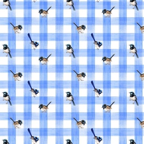 Fairy Wrens on Checkered Blue - Small scale pattern