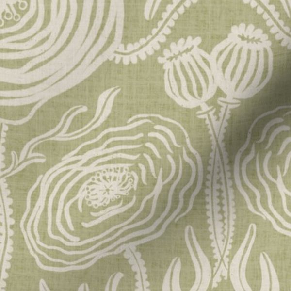 Poppy floral block print Rustic Boho farmhouse linen look Muted sage green