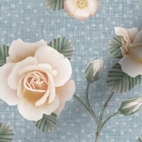 Rose Garden (L) - Cream on Soft Sky Blue - Countryside Cottage Floral