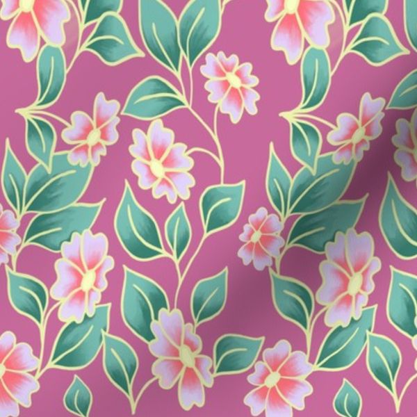 Compact Ditsy Pink Daisy Flowers Edged in Yellow on Raspberry Pink