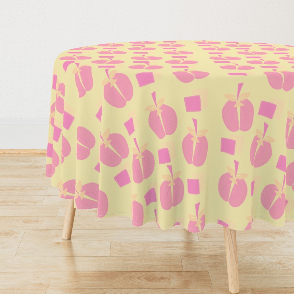 Side view of a circular wooden table with a Tablecloth draped over it, sitting on top of light wood floors