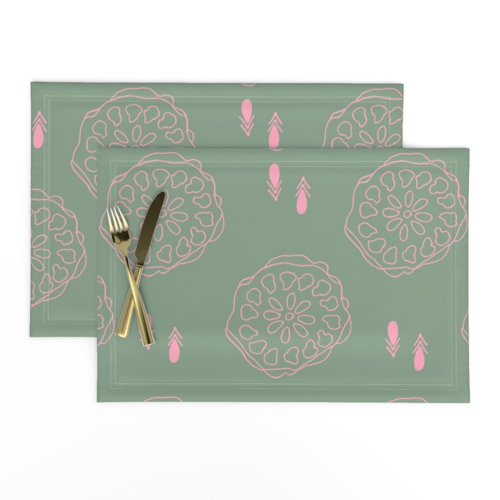 Top down of a set of two Placemats stacked and offset from eachother with a knife and fork on top
