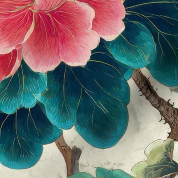 Elegant Chinese Peonies with Deep Teal Leaves on Cream Background