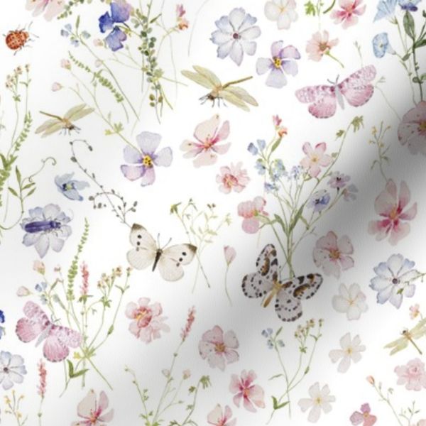 Wildflower Garden Butterflies Bees Cottage Vintage Botanical On White