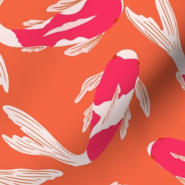 Koi Pond Carp Fish Swimming In Hot Pink And Bright Orange