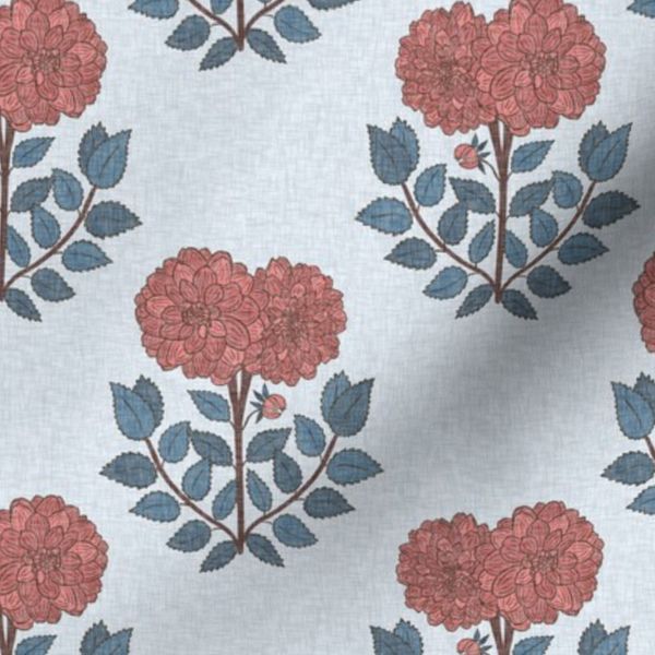 Block Print Dahlias in Brick Red and Denim Blue - medium